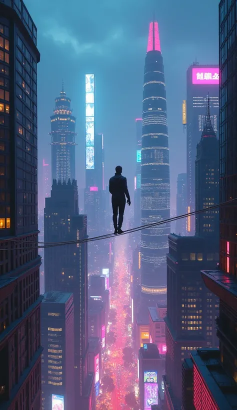 A fearless tightrope walker traversing between two futuristic skyscrapers, glowing neon lights and holographic billboards illuminating the metallic cityscape below. The rope stretches high above the bustling metropolis, while the faint glow of a futuristic...