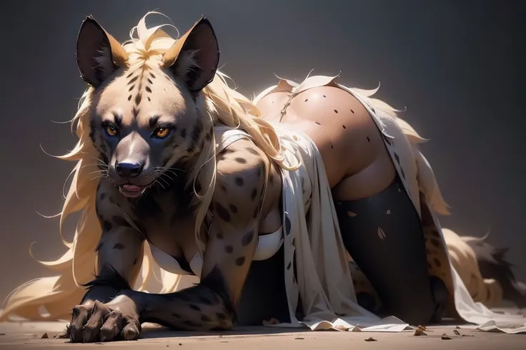 {-erro_de_anatomia:1.0}(best quality,4k,8k,highres,masterpiece:1.2), ultra-detailed, (realistic,photorealistic,photo-realistic:1.37), mature milf, Harley Quinn being transformed into a hyena, blonde hair, twintails, (hyena ears, hyena tail, hyena teeth, hy...