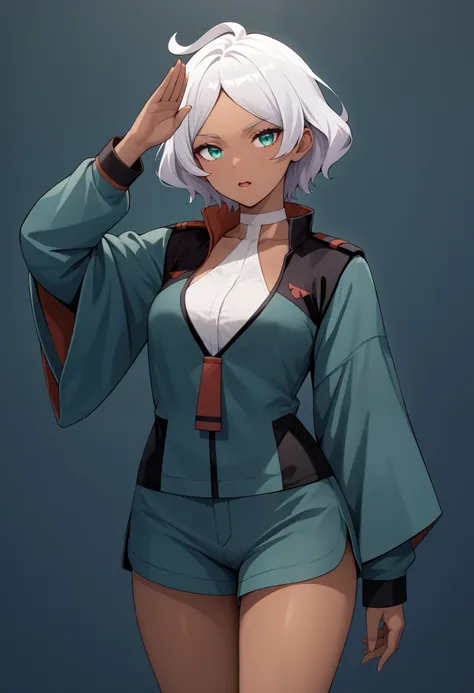 score_9, score_8_up, score_7_up, score_6_up, source_anime, 1 girl, seceliadote, secelia dote, dark skin, dark-skinned female, green eyes, short hair, white hair, asticassia school uniform, green jacket, jacket, school uniform, shirt, shoulder boards, thigh...
