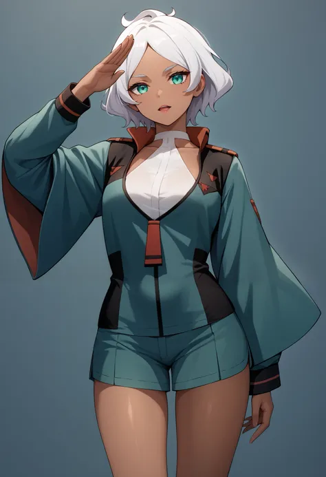 score_9, score_8_up, score_7_up, score_6_up, source_anime, 1 girl, seceliadote, secelia dote, dark skin, dark-skinned female, green eyes, short hair, white hair, asticassia school uniform, green jacket, jacket, school uniform, shirt, shoulder boards, thigh...