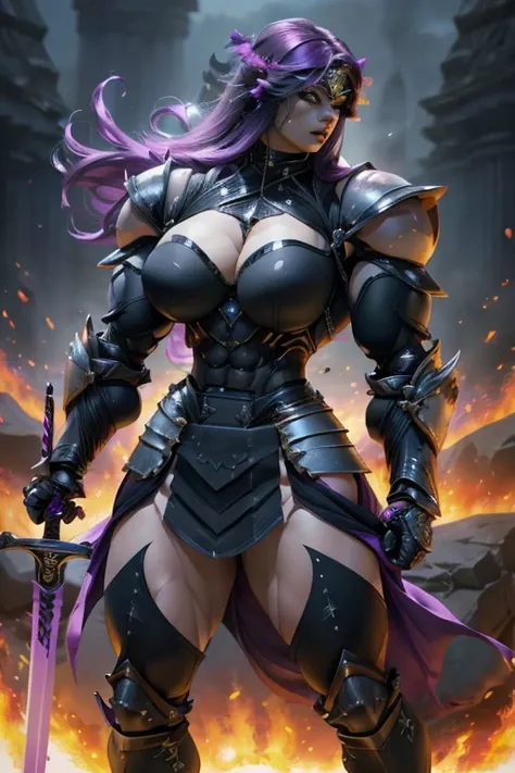 ((Close-up)), tall, (violet purple hair), beautiful muscular woman, long hair with long bangs, white skinned, closed smile, (black lipstick), (massive muscles), (hyper muscle), ((ginormous bulky muscles)), black eyes, (((((warrior princess full armor suit ...