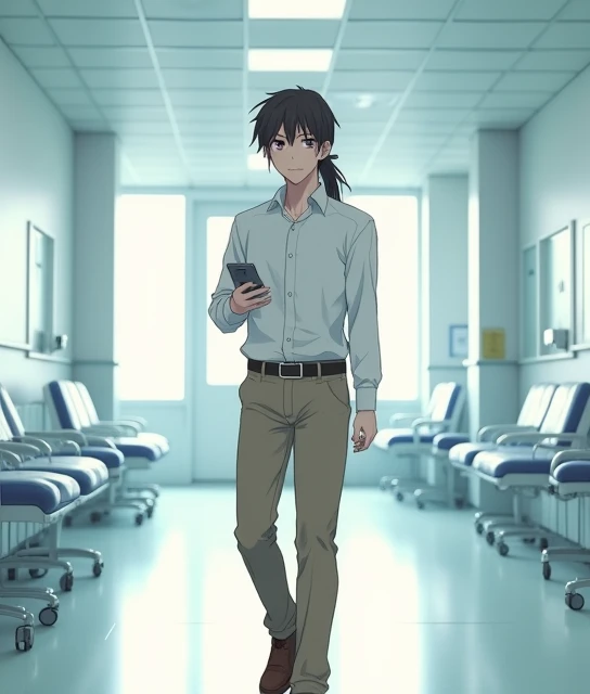 A 38-year-old white-skinned anime man , To Love Ru,  soft lighting ,  walking down the corridor of a huge white faith hospital and white slabs with chairs attached to the walls , He is 1.80 cm, his body is thin and stocky ,  endomorphic body type ,  he has...