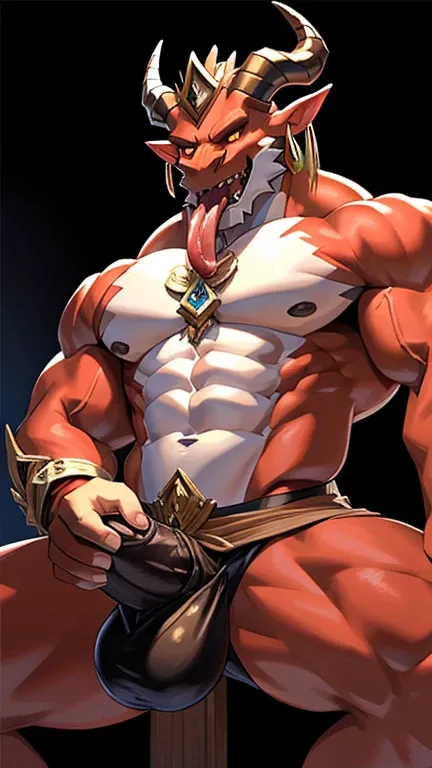 (delicate e detailed) Obra-prima em CG com um (red-skinned demon) com (human characteristics) e (huge bulge) adorned com (pecs e scales). ele tem (horns e earrings) para mostrar seu (powerful e dominant) natureza. The character is holding his bulge com (ma...