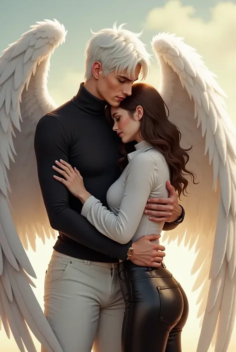 Angel Guy, white short hair, white wings,  black turtleneck ,  white pants , hugs a brunette girl, in a white shirt and leather pants