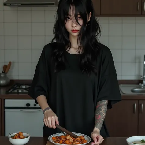 Pale skin beautiful girl. Age 21. Long black wavy hair. Hair over half face. Piercings and tattoos. Wearing a black t shirt with black pajamas pants with black socks on. Realistic. Japanese girl. Cooking a meal 