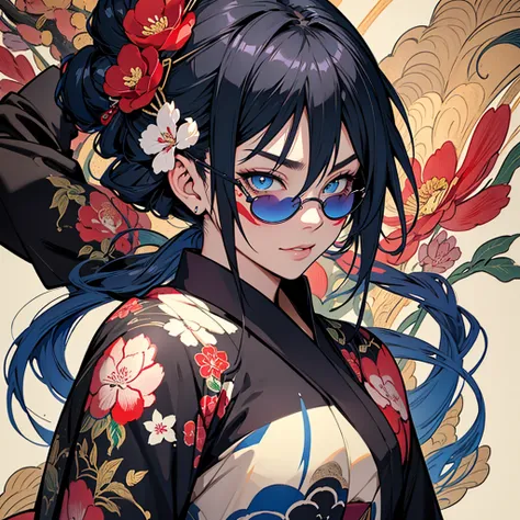 1 woman, happy modern anime body with blue eyes and gothic eyeliner, beautiful round sunglasses, tattoos on face, arms behind back and hidden, flower kimono, half body up, contemporary traditional Japanese painting background, traditional Japanese painting...