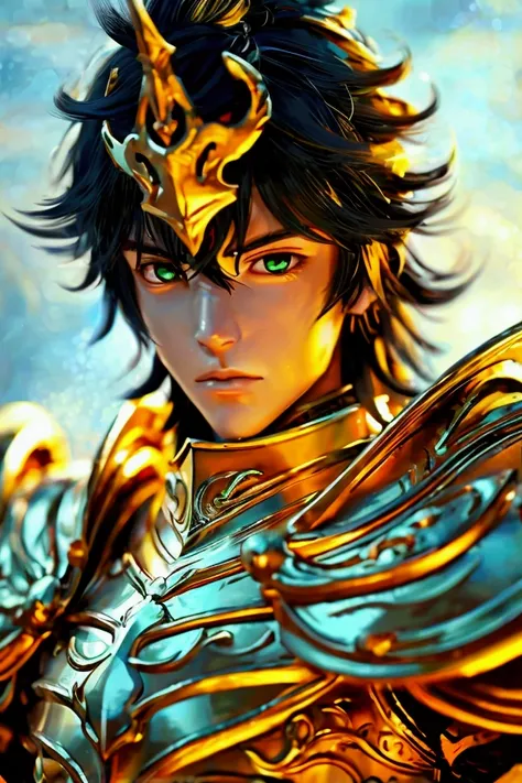 1man, Golden Knight of the Zodiac, a knight with black hair, attractive green eyes, Wears the armor of the golden knight of Libra, Is the servant of the goddess Athena, Proud look, Has an intense golden aura