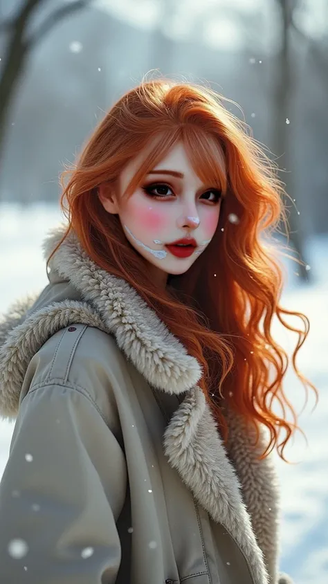 A redhead in the snow with wavy hair 