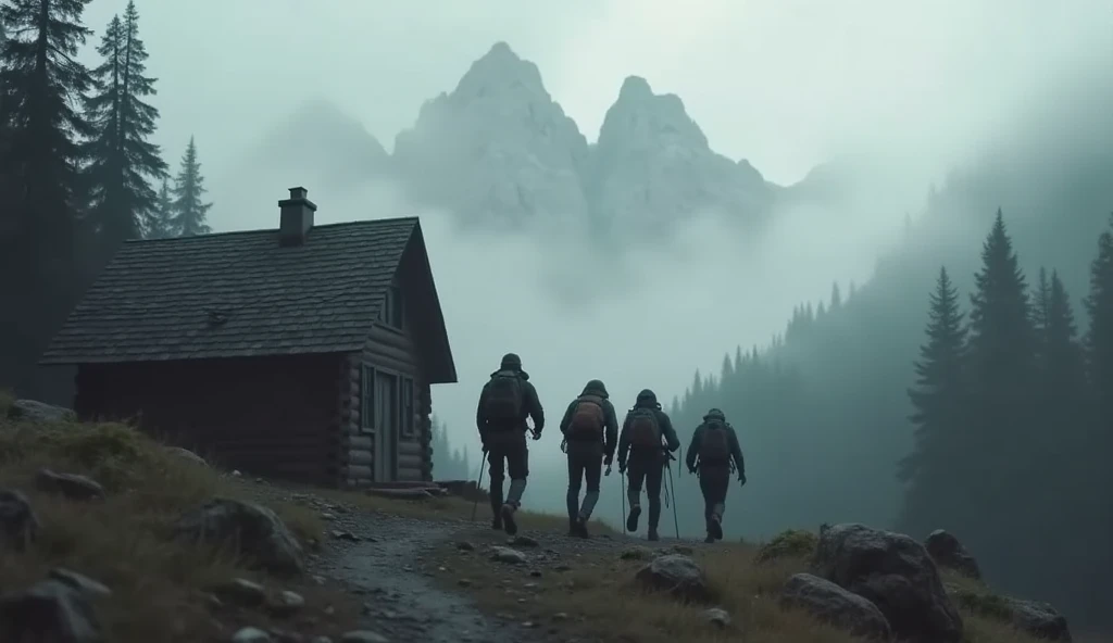 The image of four climbers hastily walking away from the old cabin, the backdrop of misty mountains and a desolate forest, gives the impression that they are leaving a place full of mystery. blurry and black and white