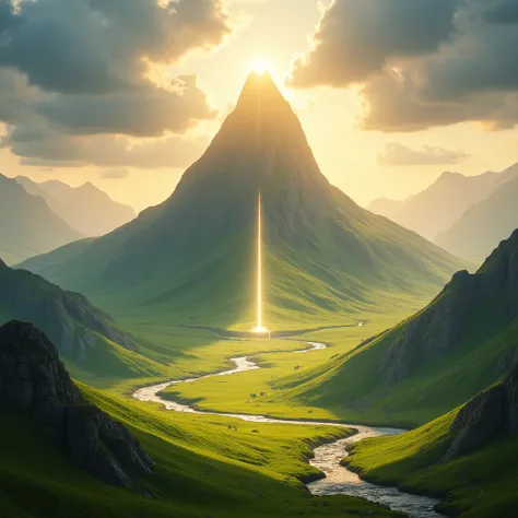 A powerful and uplifting visual representation symbolizing Hasbunallahu wa ni’mal wakeel (Allah is Sufficient for us, and He is the Best Disposer of Affairs). The scene features a towering, radiant mountain peak, bathed in the warm light of a sunrise, symb...