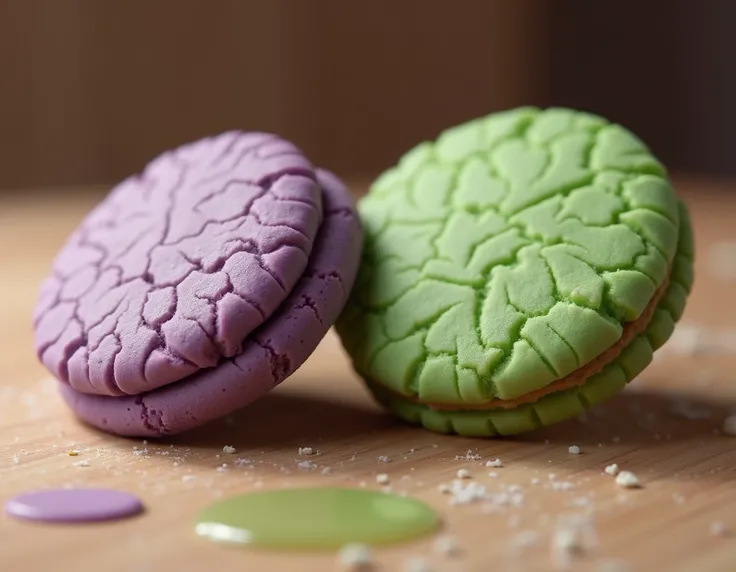 Purple mens cookies and green womens cookies on the table.