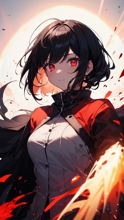 1 girl, black hair, red eyes, fire witch, blood, light particles, light rays, wallpaper, high contrast, colorful,, Mysterious