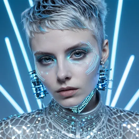 Ultra-detailed portrait of a female musician, 28, embodying Grimes avant-garde technological mystique with a razor-sharp cyberpunk edge, captured on Hasselblad H6D-400c, skin porcelain with a subtle iridescent undertone shifting between pearl and pale meta...