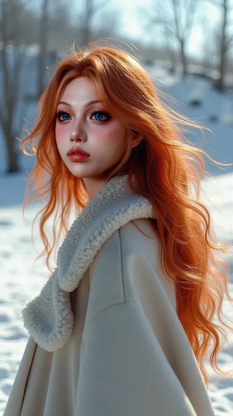 A redhead in the snow with wavy hair 