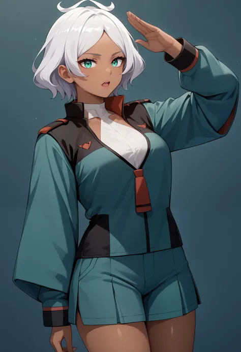 score_9, score_8_up, score_7_up, score_6_up, source_anime, 1 girl, seceliadote, secelia dote, dark skin, dark-skinned female, green eyes, short hair, white hair, asticassia school uniform, green jacket, jacket, school uniform, shirt, shoulder boards, thigh...