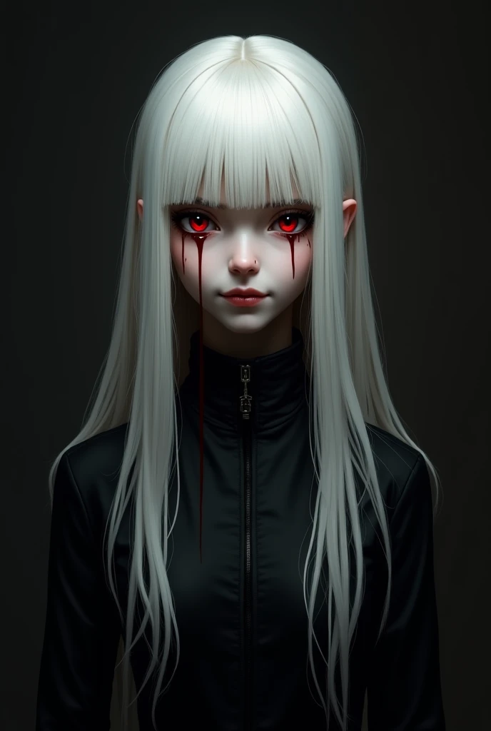  vampire girl straight white hair ,  strict look,  thin narrow face with sharp cheekbones ,  smile with teeth,  strict straight nose ,  black clothes high collar trench coat, adult age ,  red pupils , full length picture, dark background, red tears