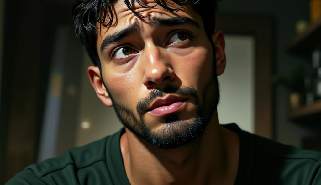 realism, FIRST WORK, Dark-skinned brown man,  straight hair, short, a little muscular, Sitting in a coffee bar ,  with a concerned expression . 