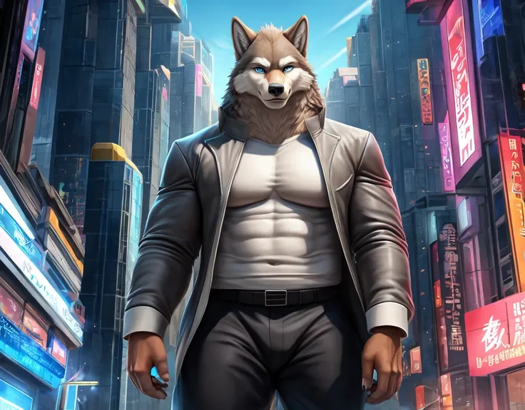 (photorealism:1.2), male anthropomorphic grey wolf, 18% brown light grey fur, furry hands, light blue eyes, anime character eyes, white sclera, very robust wide muscular body, grey jacket, black formal shirt, shirt covering belt, grey pants, looking to vie...