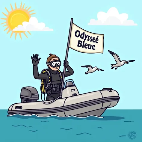 An illustration of a scuba diver on a rigide inflate boat. The diver is preparing his equipment before diving and makes the "OK" sign. The words "Odyssée Bleue Socoa" are written on a flag. The weather is sunny, and seabirds fly in the sky.