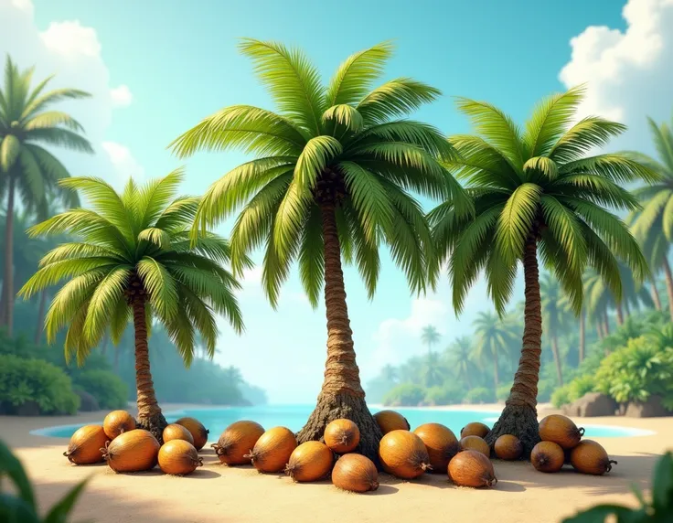 Create image of coconut is divided into three main varieties : Dwarves, giants and hybrids .  The three plants of these three varieties of coconut must be present