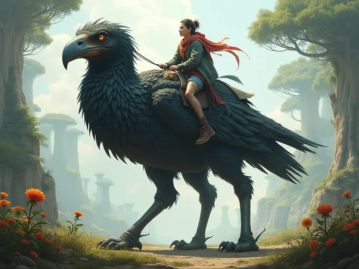 a bird that doesnt fly in a fantasy world that can be used to ride, It has large legs and dark plumage 
