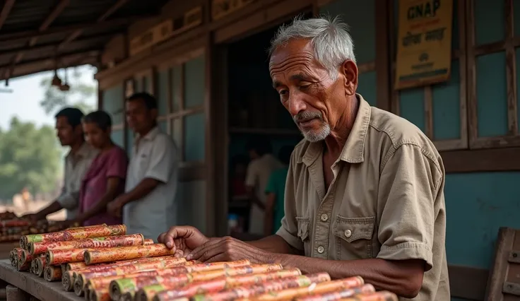 Pak Darman, now a changed man, running a small, modest stall at the village market. His face shows humility and honesty, with visible burn scars. He is carefully arranging high-quality firecrackers, interacting kindly with ren who are buying fireworks. The...