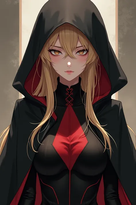 Women,  long blond hair, very white skin tone ,  light brown eyes , and thin, in a black and red suit,  and a black robe around that covers half of her face and only lets her eyes see
Anime character 