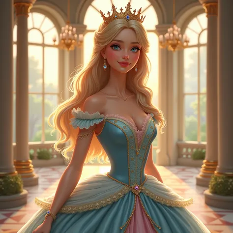 Create a detailed and realistic image of a princess in an elegant, royal gown. She has long, flowing hair, either blonde or dark, styled in soft curls or braids, and her face radiates kindness and grace. She is wearing a luxurious gown with intricate detai...