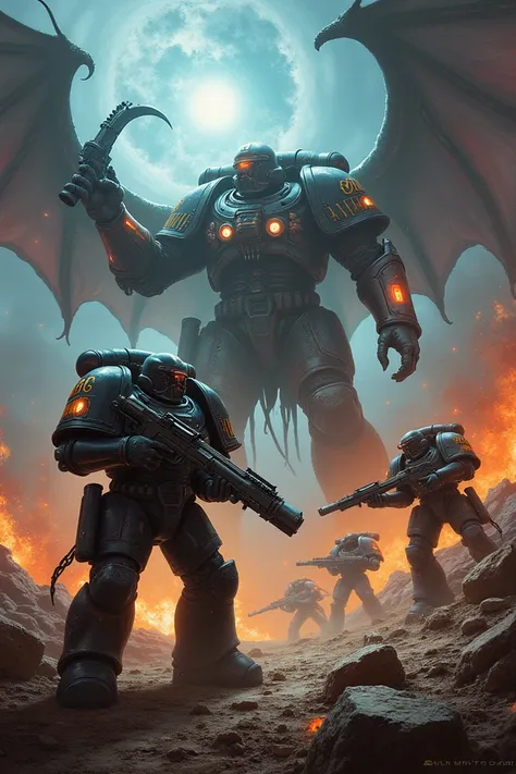  Its the cover of a book called "Experimental weapons " où lon voit des space marines de Warhammer qui font face à des démons 