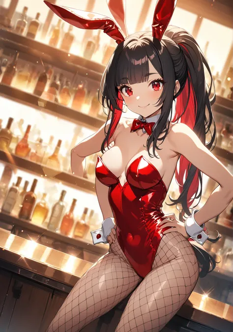 1 girl, Game CG, dynamic angle, Hands-on Hips in fond smile, bar counter, 
(Black Hair, dark scarlet inner color, straight hair, high band ponytail, Average bangs, Red Eyes, Round eyes , Clear and Innocent eyes,)
(playboy, clear metallic Red Bunny Girl, Hi...