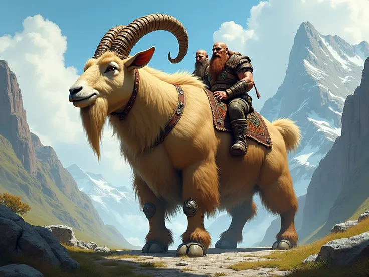  a large goats that the breed of dwarves rides, It has big horns and light brown hair  