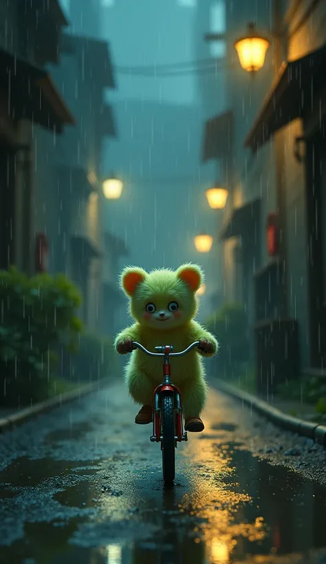  imaginary　night　rain　In the back alley of a dark building street 　 rode a cute bicycle　Fluffys cute 　 yellow-green fur calf 