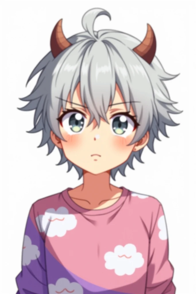 Anime cartoon male character light gray hair light eyes small horns on the head pink and purple sweatshirt with clouds white background half of the body with irritated expression