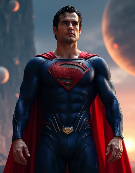 (masterpiece,Distinguished Quality,Mirror-like,Cinematic Experience,insanely detailed,absurdres), (dramatic litghing), 8k,wallpaper,(Ray Tracing),(h3nr4, Henry Cavil, with a handsome face, stubble, and a muscular build, wearing a Superman suit. His iconic ...