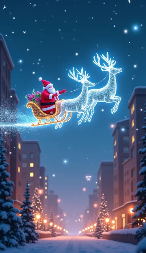 A whimsical scene where Santa’s sleigh soars above the city skyline, drawn by glowing reindeer with shimmering antlers. The sleigh itself is crafted from sparkling lights, trailing a stream of stardust behind it. Below, the city streets are aglow with holi...