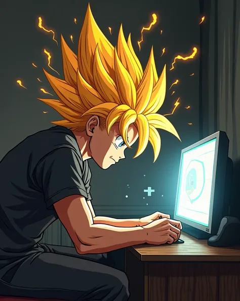 Make a man playing Undertale transform into a Super Saiyan while playing Undertale