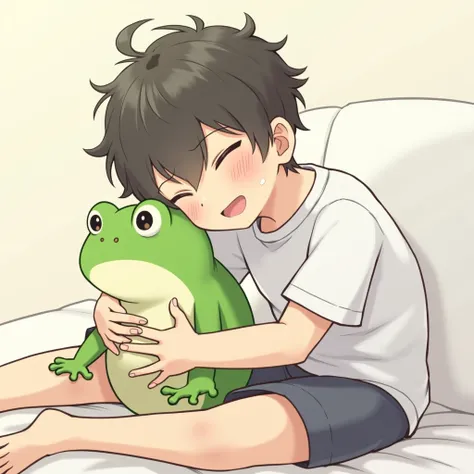   Anime  with a stuffed animal on his lap,  with a cute frog   , pixiv,  Trendy on pixiv  , Cute Anime, soft anime illustration, on pixiv, agora, classificado como o melhor on pixiv, cute art, pixiv style,  high quality fanart ,   pixiv trending  ,  popula...