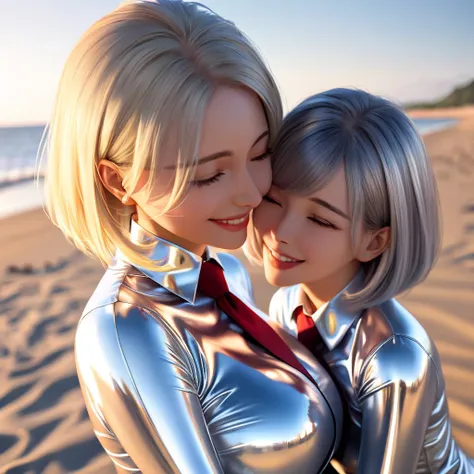 Mother and 2 daughters buttoned in extremely tight shiny silver latex blouse, Necktie,  high resolution ,  masterpiece, Medium hair,  blonde hair, smile, Lens reflection, Reflected light, are on the beach ,Lens reflection, Reflected light, bob cut,Breasts,...