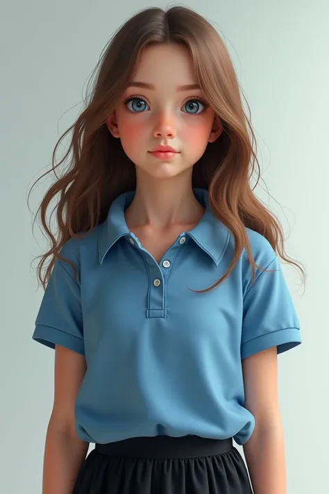  A girl who has brown hair up to the elbow ,blue eyes ,are 12 ani, wears a blue polo shirt and wears a black skirt and is very realistic 