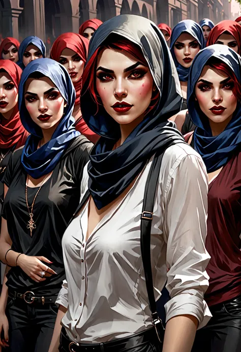 in the style of Charlie Bowater , vampire, group of anarch thugs, riotous, aggressive, headscarves, caps, short hair, 