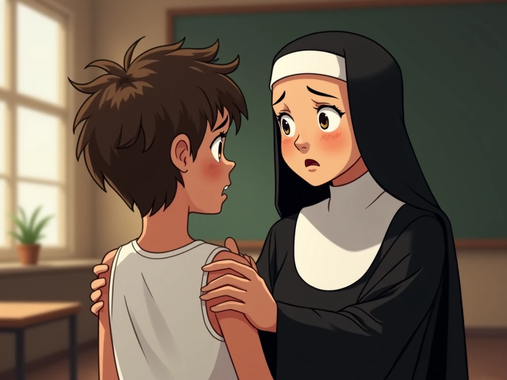 Illustrate an image of a scared boy with messy hair wearing a plain white tank top, standing face to face with a nun. The boy’s back is partially visible, showing the relaxed muscles of his deltoids. The nun, dressed in her traditional black habit and whit...