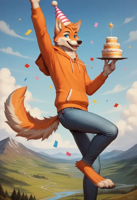 (pinup), Anthro, male, solo, half body, canid, (Wolf:1.1), smiling, digitigrade, birthday hat, barefoot, jeans, (Landscape:1.1), digital artwork, (flat colors:1.2), (by adios, by k-9, by paintfox:.8), by delirost, by tritscrits, (detailed fur,detailed fur ...