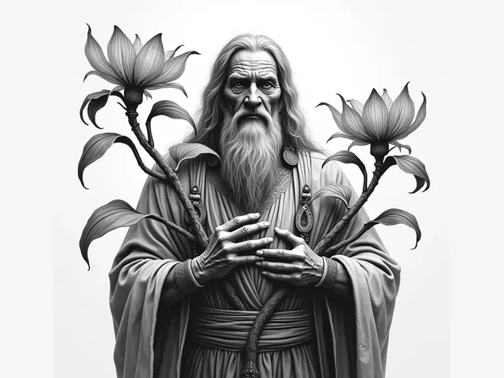 Doctor shaman with a unique plant with a rare flower in black and white pencil 