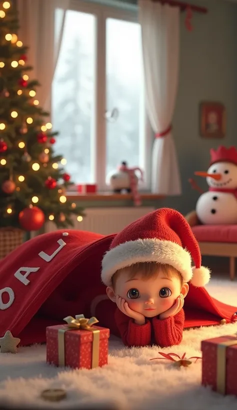 Stereoscopic 3D style，Super cute style，Realism， Pixar style ，，Christmas spirit ，Christmas theme， There was a huge red Christmas hat tent on the floor of the room, a knitted hat outlining “GOD JUL” and a picture of Santa Claus， The two little s were lying w...