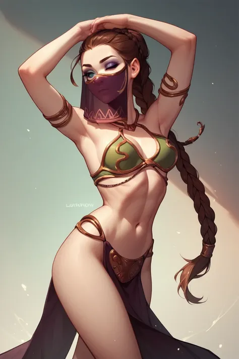 Score_9,  Score_8_high, Score_7_high, Score_6_high,  1 girl,  slavekini, brown hair, dancing,  purple loincloth, , cowboy shot,colored skin,  white skin, braid, face veil, , aqua loincloth, eyeshadow, open eyes
