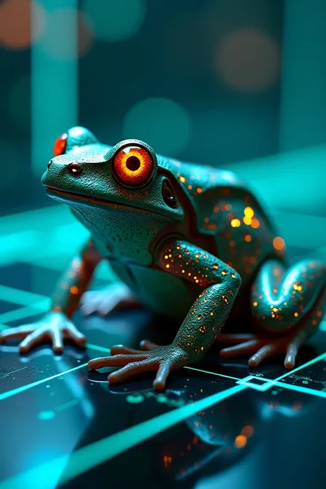 } This image will combine elements of technology with the image of a frog ,  elements symbolizing the fusion of nature and innovation . frog может быть изображена в высокотехнологичном окружении, For example,  with cyberpunk elements or with elements of di...