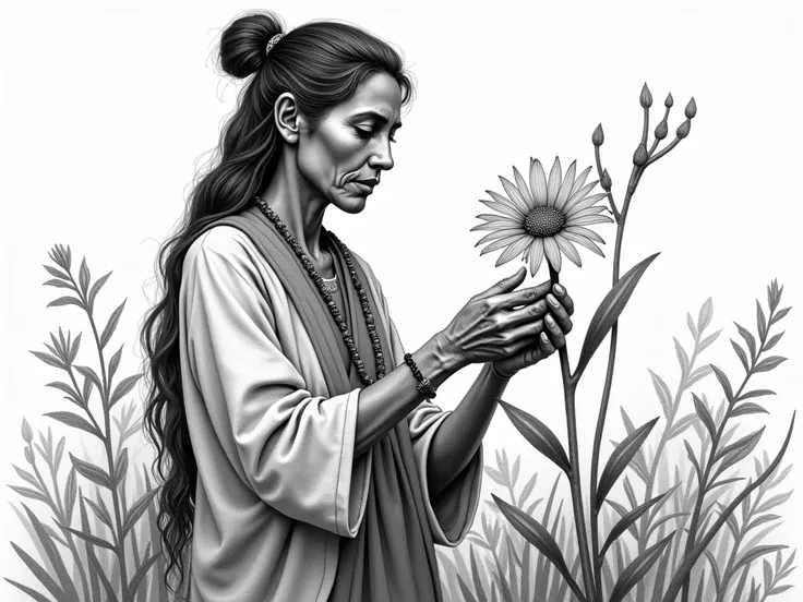 An indigenous woman doctor preparing a remedy with a flower in black and white pencil