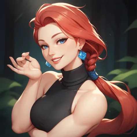 female black sleeveless turtleneck with bare shoulders and racerback, bare toned arms, beautiful faces, long red colored ponytail with showing forehead, earrings, soft smooth skin, pale skin, black background, blue eyes, sci-fi braided long red colored pon...