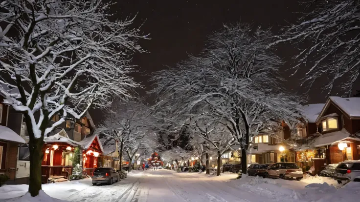 An ultra-high resolution real picture ， describes a beautiful winter night in downtown Vancouver，The lanterns first appeared on the wide street， Snow-white snow on the red roof ， High-rise buildings were covered with snow，Snow fell on the trees too ，Crooke...