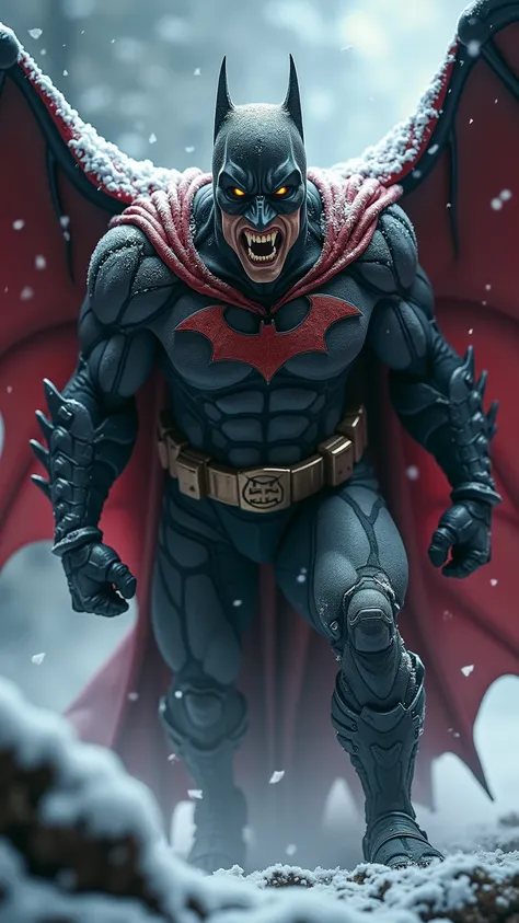 "Create a fierce hybrid creature that merges the dark, stealthy essence of Bat-Man with the iconic features of Santa Claus. This creature should have a powerful, muscular build covered in a dark, armored suit that incorporates elements of Santas traditiona...